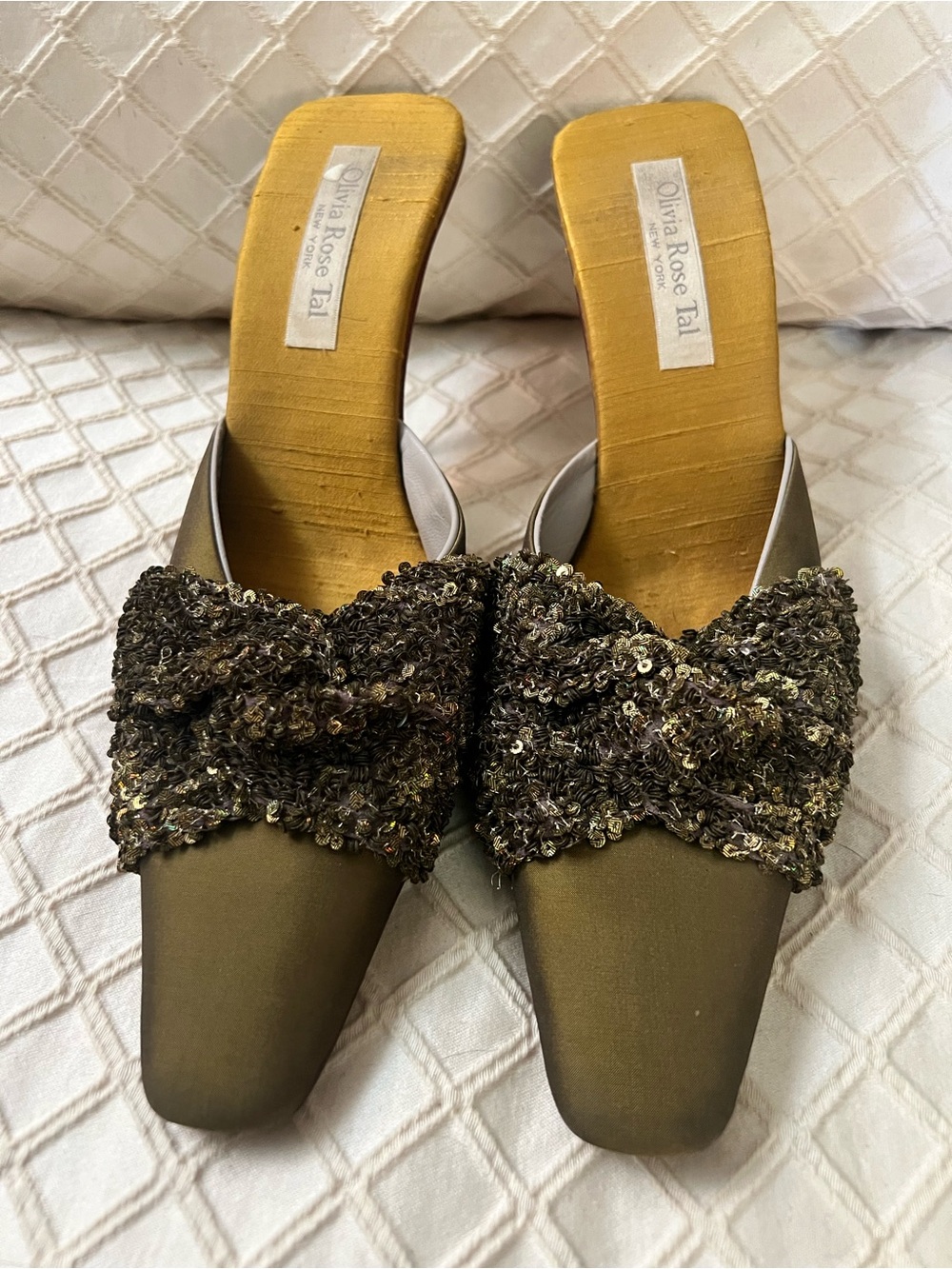Olivia Rose Tal Olive Green Sequin Knot Mule